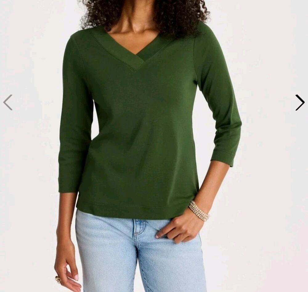 Chico's Size 3 XL Dark Green Pima Cotton Wide V Tee Top EUC